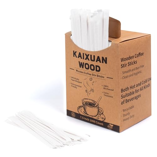 KAIXUAN WOOD 7.5 Inch 1000 Pcs Individually Wrapped Coffee Stirrers, Paper Wrapped Coffee Stir Sticks, Wrapped Stir Sticks, Tea and Hot Chocolate Gifts