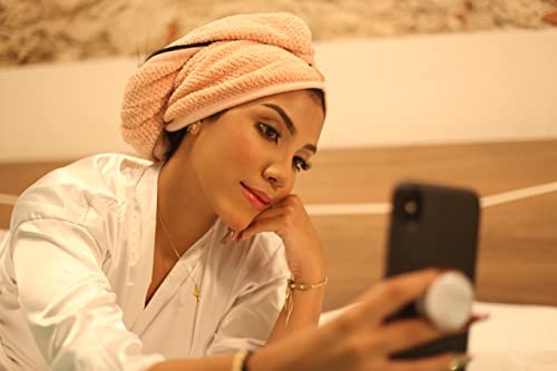 Foto von Colombiata® Haarturban mikrofaser | 3 Stück inkl. Zubehör | Turban Handtuch mit Knopf | haarhandtuch | Haar Turban Handtuch schnelltrocknend & weich (Weiß / Rosa / Braun)
