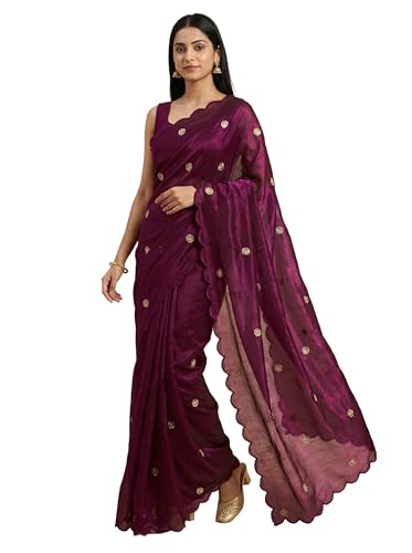 Image of Women's Pure Fandy Satin Sequin Embroidered work Saree with Dupion Unstitched Blouse Piece