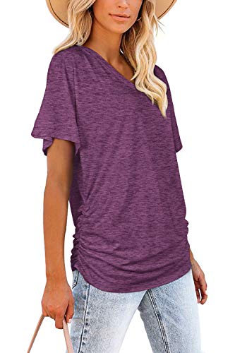 Image of WIHOLL Womens Summer T-Shirts Short Sleeve V Neck Dolman Tops with Side Shirring Loose Fit Shirts Spring Fashion