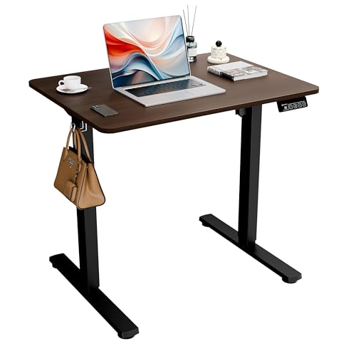 ERGOMAKER Bureau Assis Debout 80 x 60 cm - Bureau électrique réglable en Hauteur avec Plateau d'épissure (Cadre Noir + Plateau en Noyer Noir)