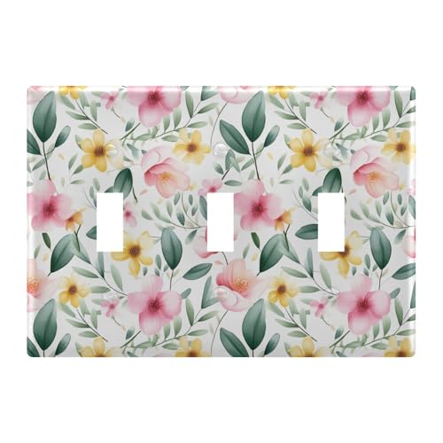 Light Switch Cover Pink Yellow Flower Wall Plates for Electrical Outlets 3 Gang 202b3351