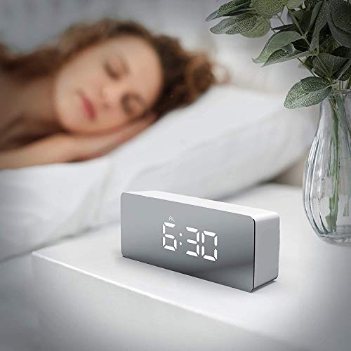 JSTH Digital Alarm Clock, Bedside Clocks with Snooze Time Temperature Mirror Surface Function LED Clock for Office USB Powered & Battery Backup Powered(White)