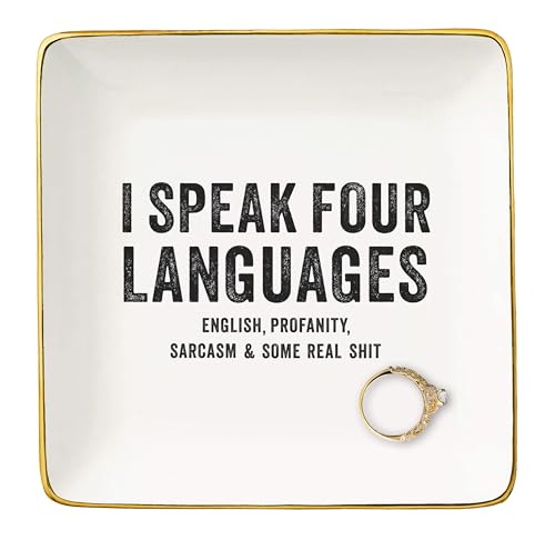 NZY I Speak Four Languages - Motivational Saying Trinket Tray Holder Ring Dish - Funny Sarcastic Dark Humor Gifts - White Elephant &