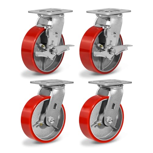 6" Heavy Duty Caster Wheels, Polyurethane Industrial Casters Set of 4 with Load 4800lbs Capacity