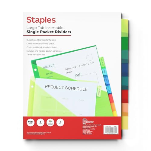Staples Large Tab Plastic Insertable Pocket Dividers, 8-Tab Set, Multicolor – Durable Write‑On Binder Dividers with Pockets for 3‑Ring Binders
