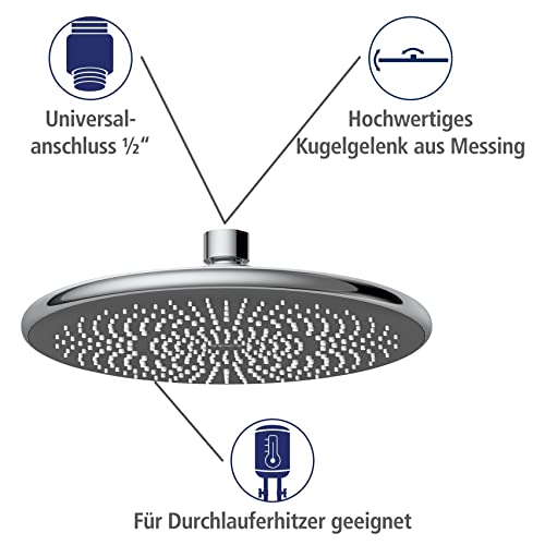 WENKO Wasserspar Regenduschkopf Watersaving, Kopfbrause mit Wasserspar-System, ABS, Chrom/Grau, rund, Ø 22,5 cm