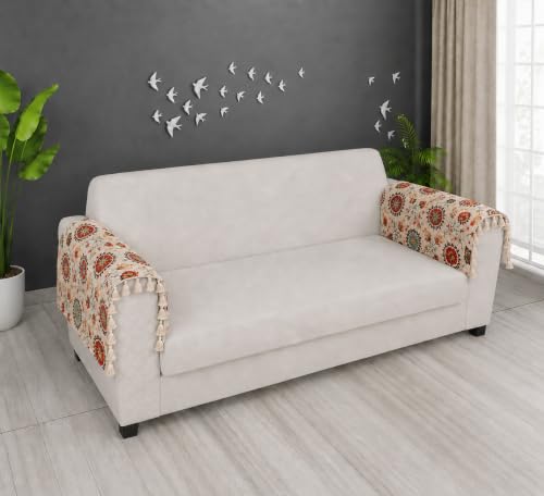 Image of Velvet Quilted Sofa Armrest Covers (Pack of 2) | Red Floral | Anti-Slip Soft Washable Arm Covers with Tassels | 24 x 27 Inches (Full)