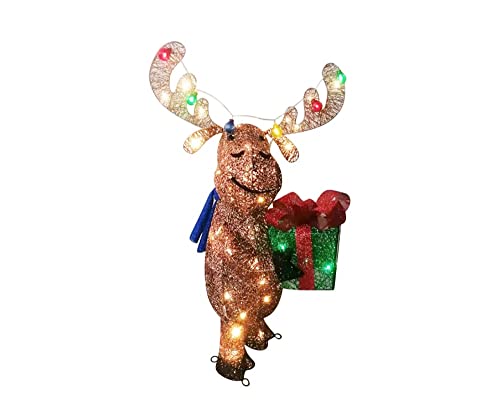 36 Inch Tall - Light-Up Christmas Moose Holding Gift Box - 60 Muli-Color LED Lights - Pre-Lit