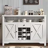 Coffee Bar Cabinet with Storage, 47” White Coffee Station Cabinet, Farmhouse Coffee Bar Buffet Cabinet with Drawer, 9 Wine Racks, Barn Doors for Kitchen, Living Room