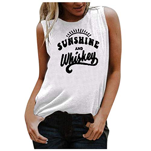 Lazzboy Women Tank Top Letters Print Cami Vest Casual O Neck Loose Ladies Sleeveless T Shirt Tee Blouse (16,White)