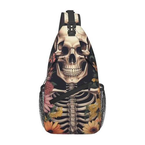 Sac à dos à bandoulière avec motif squelette et fleur insolite noir