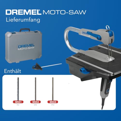 Foto von Dremel MS20 Moto-Saw Dekupiersäge, Kompakte 2-in-1-Tischkreissäge (70 W) mit 1 Zubehörteil und 5 Sägeblättern für seitliche und lange Schnitte in Weiches Holz, Laminat und Kunststoff
