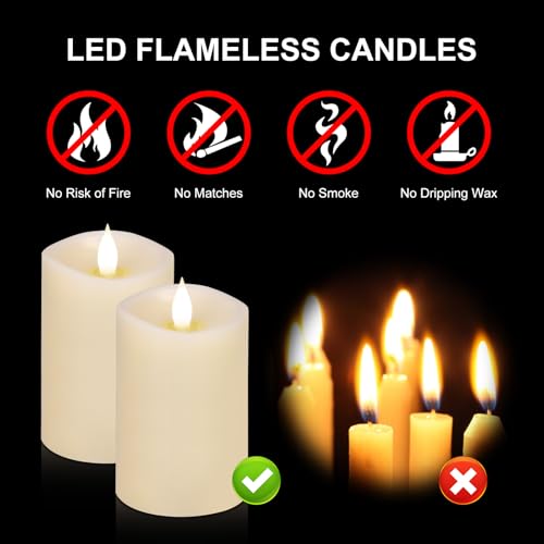 Image of 2PCS, 3 x 5 inches Flameless Candle with Remote Control, 3D Flickering Wick, Real Wax,with Timer,Battery Operated Candles,for Holiday Home Decor,Ivory