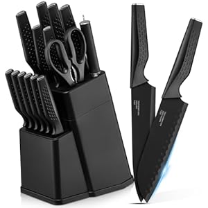 E-far Knife Set, 15-Piece Kitchen Knife Block Set with Sharpener, High Carbon Steel Chef Paring Steak Knives with Ergonomic Non-Slip Handle, Anti-Rust & Razor Sharp, Black