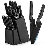 E-far Knife Set, 15-Piece Kitchen Knife Block Set with Sharpener, High Carbon Steel Chef Paring Steak Knives with Ergonomic Non-Slip Handle, Anti-Rust & Razor Sharp, Black