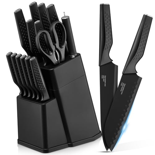 E-far Knife Set, 15-Piece Kitchen Knife Block Set with Sharpener, High Carbon Steel Chef Paring Steak Knives with Ergonomic Non-Slip Handle, Anti-Rust & Razor Sharp, Black
