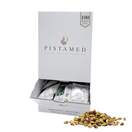 PISTAMED – Geschälte Pistazien – Ungesalzen – Handwerkliche Röstung – Ohne Zusatzstoffe und glutenfrei – Hoher Ballaststoffgehalt – Vegetarische und vegane Ernährung – Packung mit 100 Beuteln