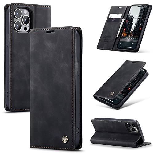 owlhold Handyhülle für iPhone 14 Pro Hülle Premium Lederhülle Weiches Vintage-Nubukleder Faltbare Ständer Klapphülle Kartenfach Standfunktion stoßfest Schutzhülle für iPhone 14 Pro -Schwarz