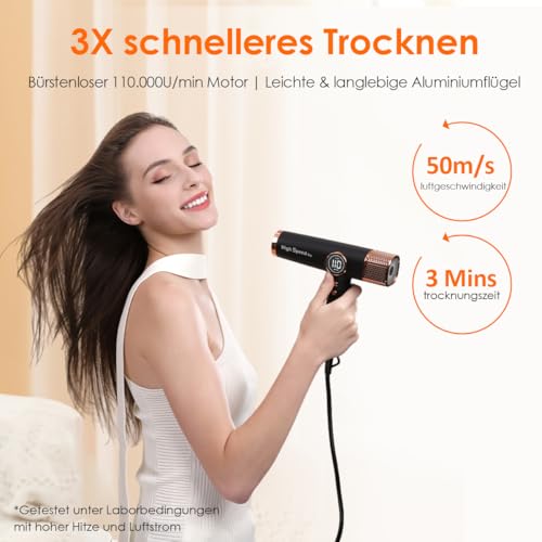Faszin Haartrockner Leichter Föhn mit 110.000 RPM bürstenlosem Motor für Schnelles Trocknen, Wenig Lärm, LED-Anzeige, 200 Millionen Ionen fön,3 Magnetdüse für Zuhause Salon (Tiefschwarz) 2