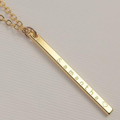 Vertical Name Bar Necklace - Dainty 16K Gold Silver Plated Handstamped Bar Delicate Initial Charms P - //coolthings.us