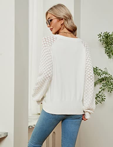 Bmjl Womens V Neck Sweaters Dressy Casual Winter Long Sleeve Tops Knit Puff Sleeve Pullover White #TOP3