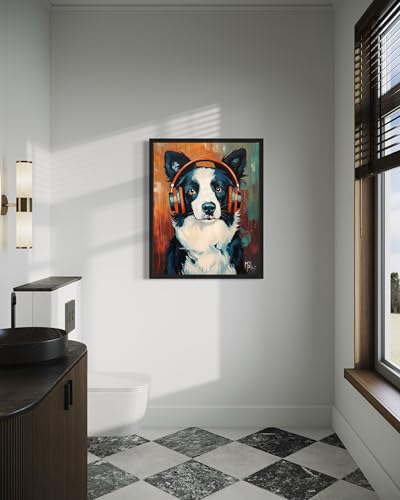 Image of Border Collie Music Headphone Wall Black Framed Art Print Poster, Dog Pet Lover Picture Painting Artwork Bedroom Living Room Office Dining Room 150D (Border Collie Music Headphone, 14 inchL x 11 inchW, Black Frame)