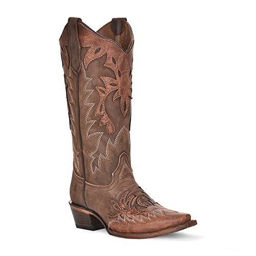 Circle G LADIES LD CHOCOLATE/COGNAC OVERLAY & EMBROIDERY WING TIP, SNIP TOE, LEATHER Sole, 13