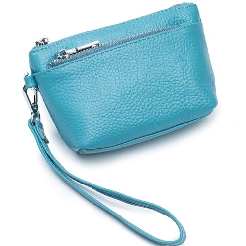 Small Clutch Purse for Women Genuine Leather Coin Wallet Roomy Multi Pockets Change Pouch Zipper Wristlet, Blue, One Size