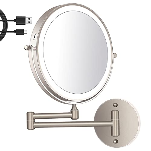 Amelar 8 Pouces LED Miroirs Maquillage Mural Miroir Grossissant Lumineux, 1x/10x Grossissement Charge USB Réglable à 3 Couleurs, 360°Pivotant Extensible, pour Salles de Bain et Famille (Nickel)