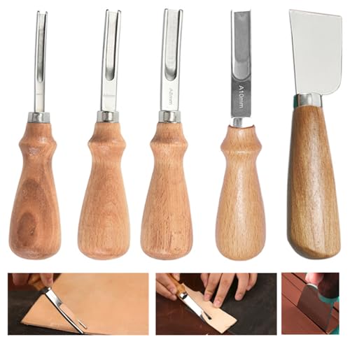 XILEWHZF Leather Edge Skiving Beveler Tool 5 Set,Leather Cutting Knife,French Beveler,Wide Mouth Leathercraft Edge Skiving Beveler Leather Trimmer with Wooden Handle Four Sizes(4mm,6mm,8mm and 10mm)