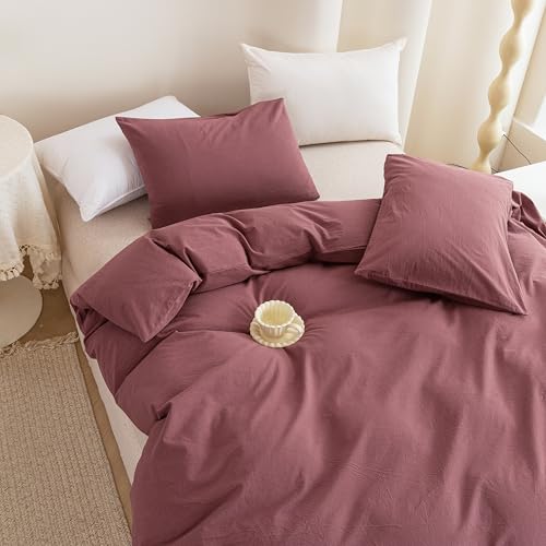 Image of ECOCOTT Duvet Cover King Size, 100% Washed Cotton Linen Feel Comforter Cover - 3pcs Dusty Rose Bedding Set with Zipper Closure & Corner Ties