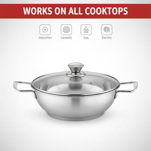 MAXSUN Stainless Steel Kadhai with Glass Lid 22 cm | Heavy Bottom Sandwich Base Deep Kadai | Induction & Gas Stove Compatible | Rust Resistant... - Image 3