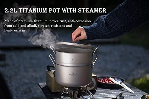Boundless Voyage 2L/2.2L Titanium Pot With Steamer Ultralight Portable Cookware With Lid Outdoor Cooking Set For Camping Hiking Backpacking Kitchen Ti2111C #TOP5