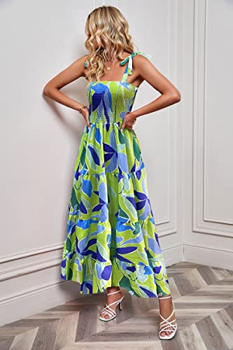 Image of kinstell Women's Summer Boho Spaghetti Strap Square Neck Ruffle Casual Flowy Long Dress Beach Swing Party Maxi Dress