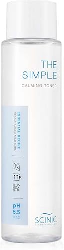 SCINIC The Simple Calming Toner, pH 5.5, 4.90 fl oz (4.9 fl oz) Astringente facial vegano para pieles sensibles e irritadas Textura acuosa fresca