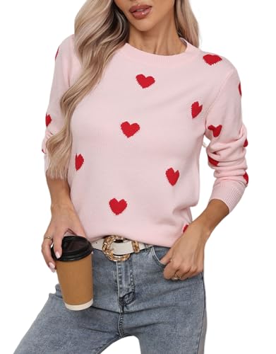 Allifewithu Women's Long Sleeve Crew Neck Pullover Sweaters Lightweight Soft Knit Heart Sweater (Pink,Medium)
