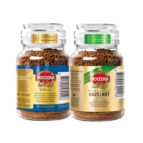 Image of Moccona Classic Decaffeinated + Hazelnut Instant Coffee - 195g (Pack of 2)| Imported Coffee | Premium Arabica & Robusta Blend | Freeze-Dried | Bold & Strong Flavor