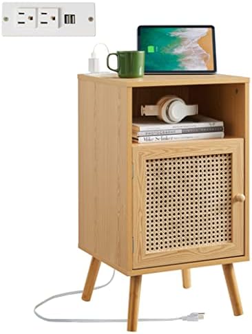 GTOLV Rattan Nightstand with Charging Station, Boho End Table with Handmade Rattan Decorated Door and Pine Legs for Bedroom, Living Room