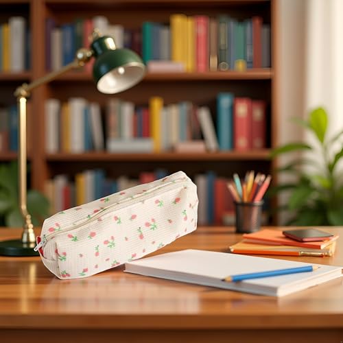 Image of Pink Women Fresh Style Pencil Bag Flower Floral Canvas Large Pen Pencil Pouch Bag Pencil Case Pen Holder Coin Pouch, Simple Cosmetic Storage Bags Makeup Bag Office Stationery Organizer