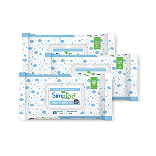 Simpleaf Unscented Baby Wet Wipes | Eco- Friendly, Paraben & Alcohol Free | Thick and Effective | Hypoallergenic & Safe for Sensitive Skin | Unscented Soothing Aloe Vera Formula, 3 Pack (60 Count)