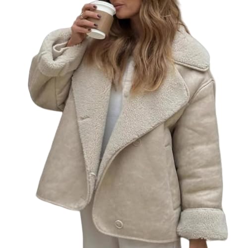 Perbai Women's Lapel Fleece Lined Single Breasted Faux Suede Jacket Oversized Leather Trucker Coat