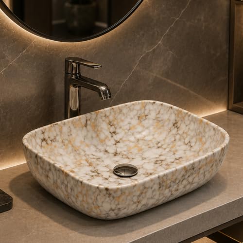 Image of Ceramic Tabletop Wash Basin - Glossy Rectangular Countertop Vessel Sink with Marble Finish for Bathroom & Vanity | Compact 18 x 13 x 5 Inch | Elegant Washbasin