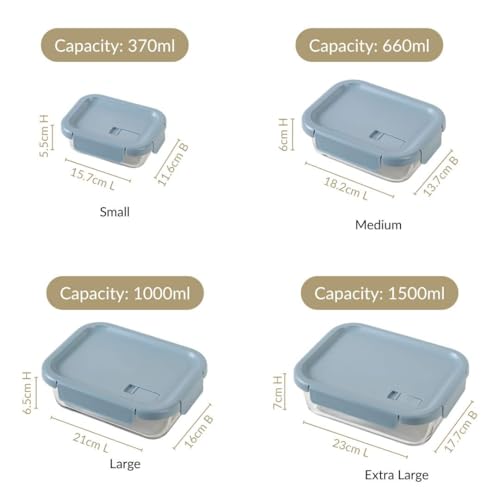 Image of Nestasia Borosilicate Glass Containers with Clip Locks Set of 4 (370ml, 660ml, 1L, 1.5L) - Airtight & Leakproof Containers with Air Vent Lid for Fridge Storage | Microwave & Dishwasher Safe (Blue)