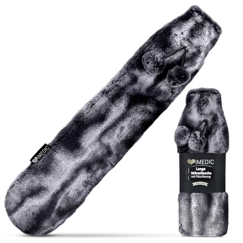 iMedic 2L Extra Lange Wärmflasche mit Luxus-Kunstfellbezug (Dunkelgrau) – Weiches Fleece & Strickdesign für langanhaltende Wärme – Große Wärmflasche mit Bezug