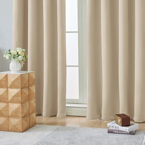 Image of Aiyufeng Biscotti Beige Blackout Curtains for Bedroom 63 Inch Length 2 Panels, Solid Thermal Insulated Energy Saving Rod Pocket Window Treatment Curtains Blackout Drapes, W40 x L63 Inch,Biscotti Beige