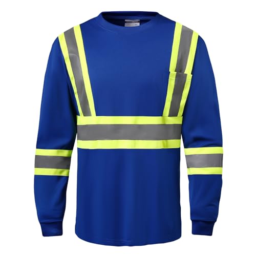DPSAFETY Hi Vis Safety Long Sleeve Shirts，High Visibility Class 2 T Shirts with Reflective Strips and Pocket, Quick Dry Mesh Construction Work Shirt for Men/Women (Blue,3XL)