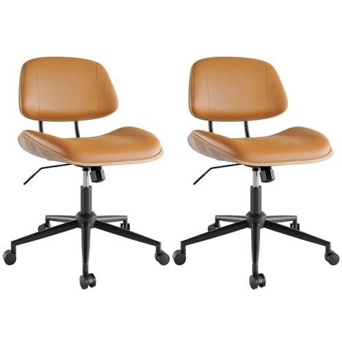 Image of Armless Office Chair with Wheels, PU Leather Adjustable Height Desk Chair, 360 Swivel Ergonomic Computer Chair for Small Space, Modern Walnut Style, Home Office & Meeting Room, Brown