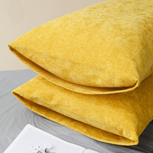 Image of CaliTime Throw Pillow Covers Decorative 20 X 26 Inches Pack of 2 Cozy Chenille Standard Pillow Shams Cases for Couch Sofa Bed Living Room Home Mustard Yellow
