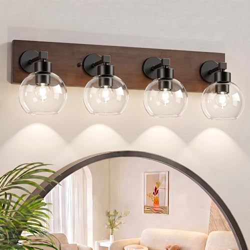 Farmhouse Bathroom Vanity Light, 4 Light Black Wood Fixture Over Mirror